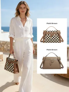 Detailed view of stylish checkerboard handbag with adjustable strap and premium metal hardware.