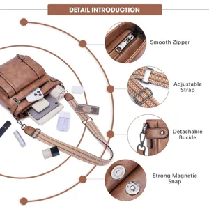 Close-up details of casual crossbody bag with smooth zipper, adjustable strap and snap.