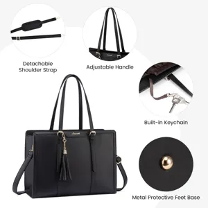 Detailed view of black PU leather tote bag featuring detachable shoulder strap and metal feet.