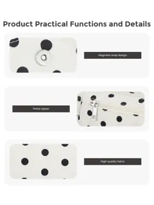 White nylon polka dot shoulder bag detail showcasing magnetic snap, metal zipper and fabric.