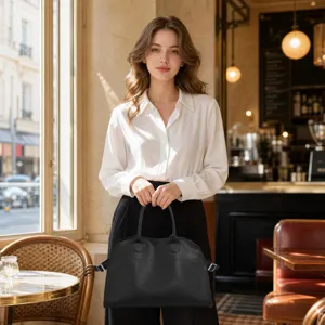 Black leather handbag for women, large capacity tote bag, stylish commuter work bag, chic.