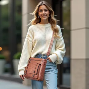 Women vintage casual crossbody messenger bag with multi pockets and wide strap for daily fashion style