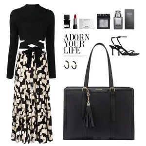 Women casual knit top and patterned long skirt set with black tote bag and high heels.