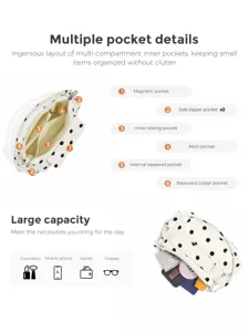 Detail view of multi-pocket polka dot nylon shoulder bag, showing inner compartments.