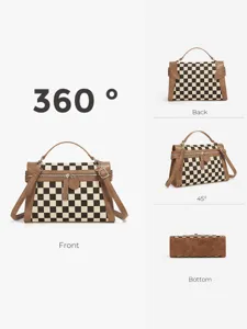 Multi-angle view handbag featuring a retro checkered pattern, top handle and adjustable strap.