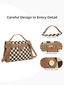 Detail view of women checkered handbag, featuring sturdy handle, zipper and magnetic clasp.