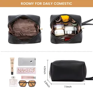 Black PU leather cosmetic bag with large capacity, multiple compartments and portable handle.