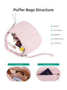 Élégant sac bandoulière matelassé rose avec cordon ajustable et poches de rangement.