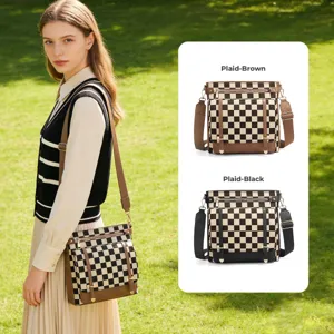 Women vintage plaid crossbody bag casual shoulder messenger bag with multi pockets.