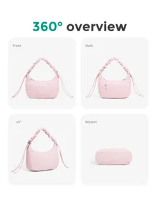 Sac bandoulière matelassé rose avec lanière froncée et cordon. Vue détaillée du produit à 360 degrés.