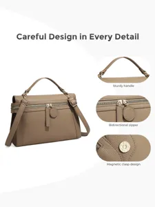 Close-up details of women handbag featuring sturdy handle, bidirectional zipper, magnetic clasp.