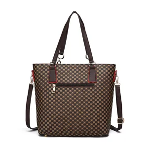 Καφέ vintage γεωμετρική τσάντα tote με διπλές λαβές και λουρί ώμου για γυναίκες.