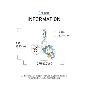 Silver plated Taurus zodiac charm pendant DIY jewelry accessory with crystal and enamel details.