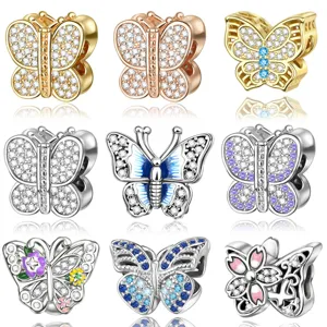 Butterfly Charms For Jewelry Making DIY Copper Rhinestone Enamel Butterfly Beads For Pandora Style Bracelets Women Gift