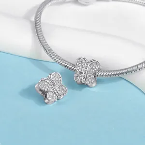 Silver butterfly charm beads for DIY snake chain bracelets, sparkling pavé cubic zirconia.