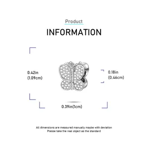 Silver butterfly charm bead, detailed dimension 0.42x0.39 inch, ideal for DIY jewelry making.