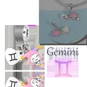 Silver-plated Gemini zodiac charm with heart tag and cute doll pendant, perfect for DIY jewelry.