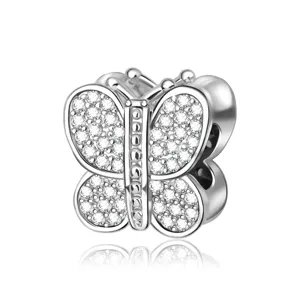 Exquisite silver butterfly charm bead, paved with sparkling zirconia for DIY jewelry.