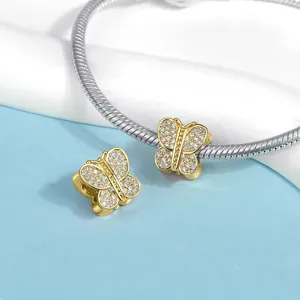 Gold paved crystal butterfly charm bead for DIY snake chain bracelets, exquisite jewelry detail.