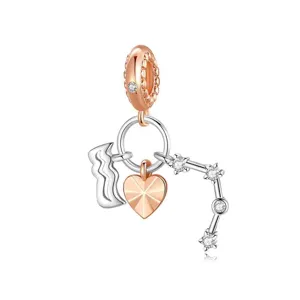 Mode Européen-Américain Cuivre Or Rose Argent Électroplaqué Douze Signes du Zodiaque Cœur Charm Pendentif Strass DIY Fournitures de Bijouterie