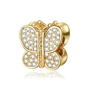 Gold paved butterfly charm bead for DIY charm bracelets and necklaces, sparkling cubic zirconia.