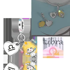 Silver plated Libra zodiac heart charm DIY pendant with cute cartoon design and crystal.