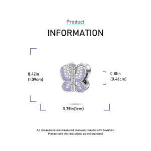 Silver butterfly charm bead with purple cubic zirconia for DIY European bracelets jewelry piece.