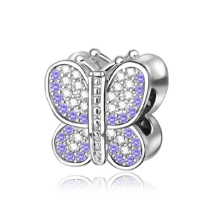 Detailed close-up view of a silver butterfly charm bead adorned with purple and white stones.