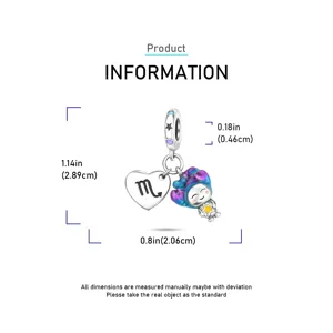 Silver plated zodiac Scorpio heart charm pendant with colorful cute cartoon figure for DIY bracelet.