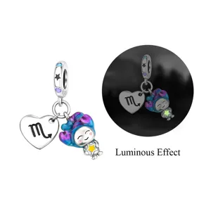Scorpio heart charm detail showing S925 silver craftsmanship and unique luminous effect.