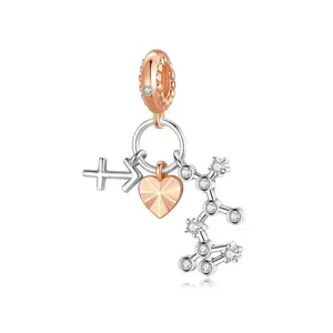 Détail pendentif cœur zodiaque Sagittaire, charms bracelet DIY ton or rose et argent