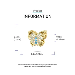 Gold butterfly charm bead detail view showcasing precise dimensions and crystal embellishments.
