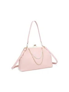 Pink PU leather kisslock handbag with elegant pearl and metal chain straps for women detail.