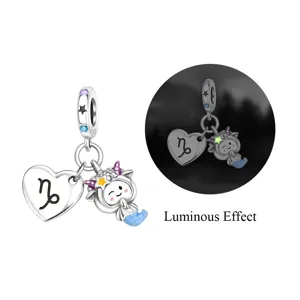 Silver plated Capricorn zodiac charm heart pendant DIY jewelry with luminous effect for bracelet.