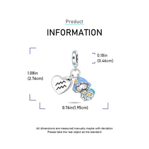 Silver Aquarius heart and anime character charm pendant for DIY bracelet jewelry making accessories.