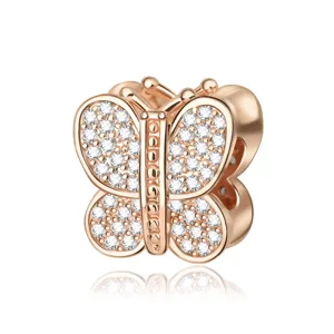 Rose gold butterfly charm bead paved with sparkling cubic zirconia for DIY bracelets.
