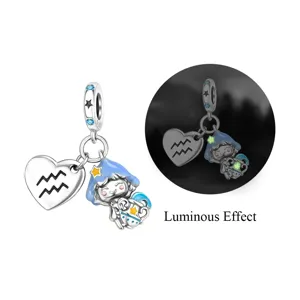 925 Silver Aquarius Zodiac Charm Cute Cartoon Enamel Dangle Bead for DIY Bracelet Jewelry