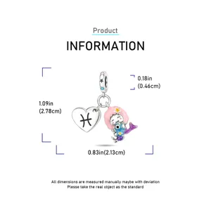 Silver plated zodiac Pisces heart mermaid charm pendant DIY jewelry accessory for women daily wear.