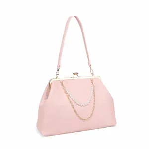 Women Fashion Crossbody Bag PU Leather Kisslock Shoulder Handbag Vintage Shell Shaped Top Handle Tote Purse With Artificial Pearl Chain Decoration