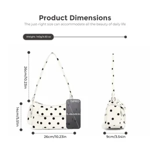 Stylish white polka dot nylon shoulder bag featuring multiple pockets and compact daily size.