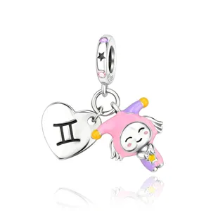 Gemini constellation heart charm S925 silver DIY pendant fashion bracelet jewelry accessory