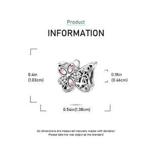 Silver butterfly charm bead detail view showing precise dimensions and pink enamel craft.