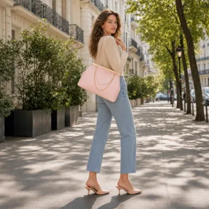 Pink kisslock bag crossbody shoulder handbag featuring elegant pearl and metal chain design.