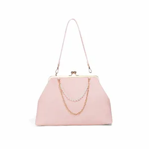 Pink PU Leather Kisslock Shoulder Bag with Pearl Chain Elegant Vintage Crossbody Handbag