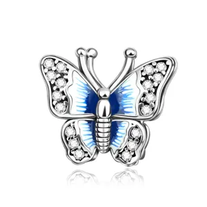 Exquisite butterfly bead detail, silver metal with blue enamel and sparkling cubic zirconia stones.