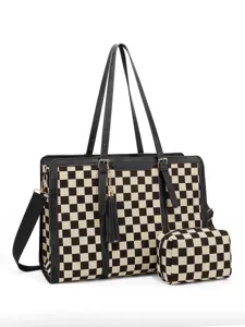 Fashion checkerboard tote bag set with shoulder strap and pouch for women casual daily use.