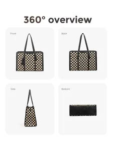 Chic black and beige checkered tote bag with top handles, stylish shoulder bag for women.