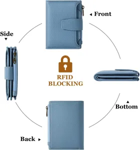 Portafoglio donna in pelle blu con blocco RFID, scomparti per carte e tasca portamonete.