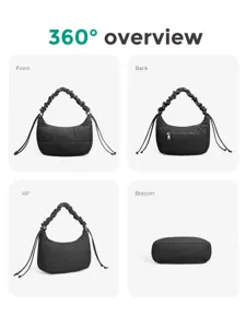 Sac à épaule matelassé noir avec bandoulière froncée et cordon de serrage réglable.