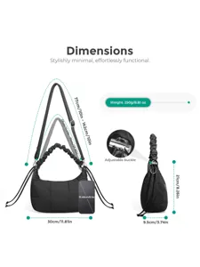 Sac porté épaule hobo en nylon matelassé noir avec bandoulière réglable et design léger.